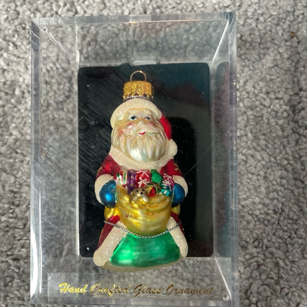 Santa Claus with Toy Bag Christmas Tree Ornament Hand Blown Glass New in Box